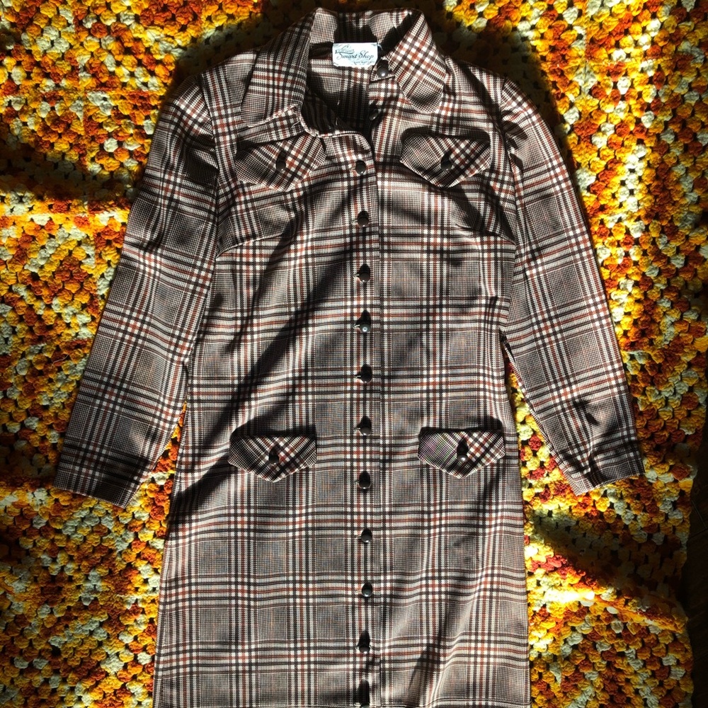 Vintage 70s plaid button down dress